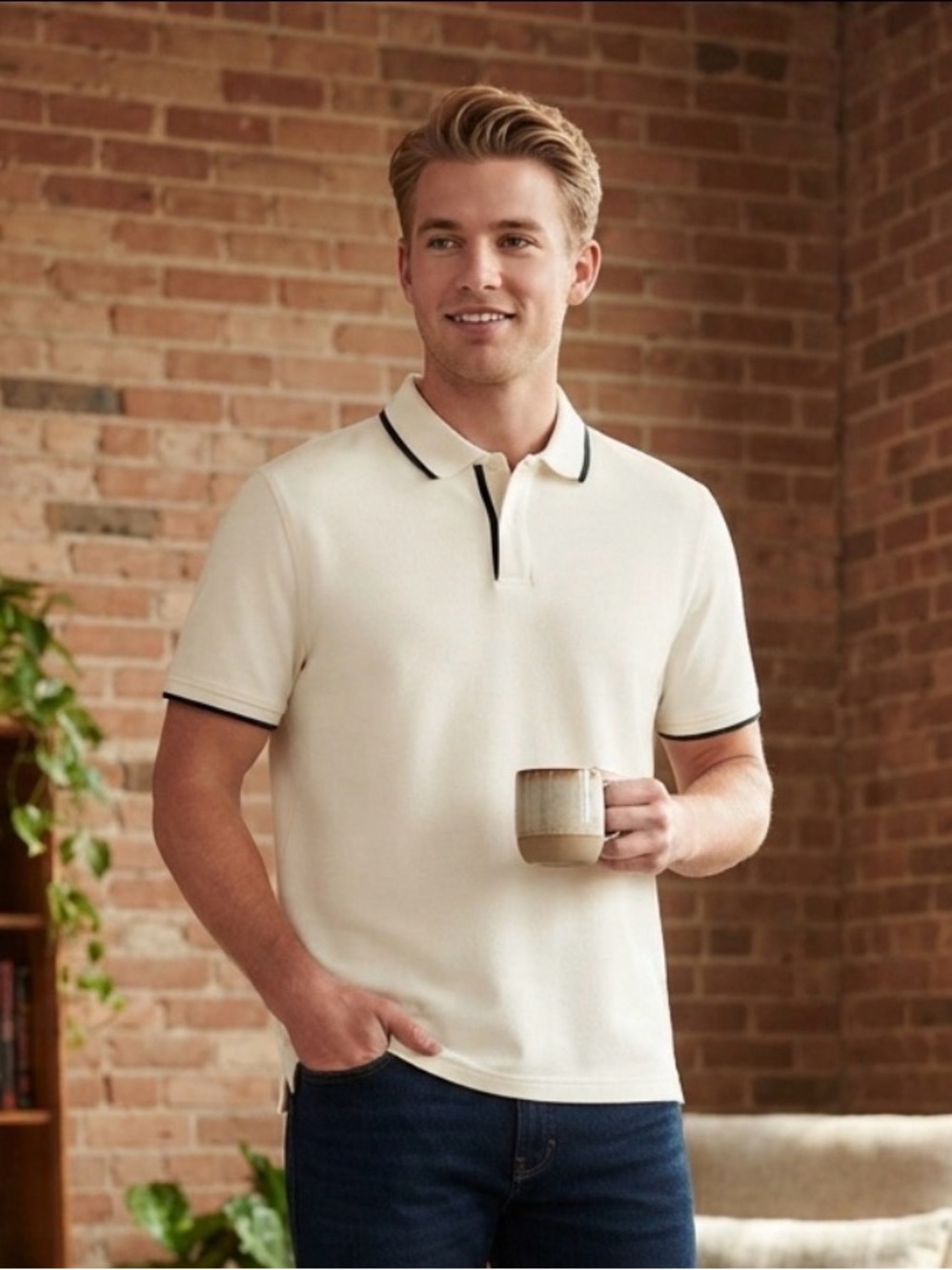 Old Navy Men’s Polo Shirt in Cream with Black Trim